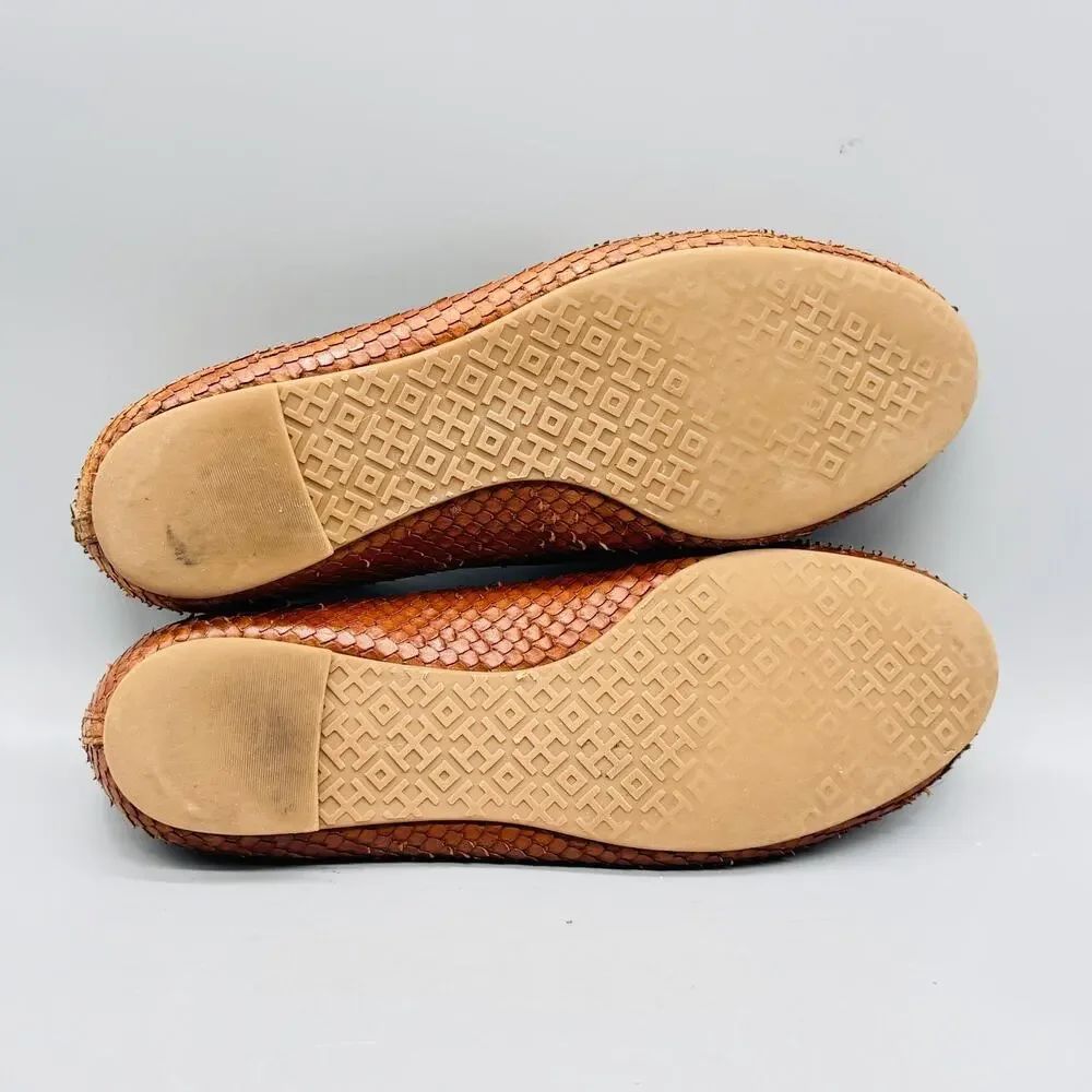 Tory Burch Shoes Womens 6 Brown Leather Snake Embossed Ballet Flats Logo Slip On
